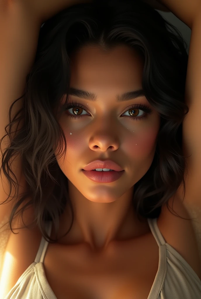 a beautiful picture of zendaya, masterpiece, photorealistic, woman, detailed, backlighting, light, RAW color photo,(fully in frame:1.1), detailed skin texture, (blush:0.5), (goosebumps:0.5), one arm up, black hair, bedroom, full body, (((Nude)))

