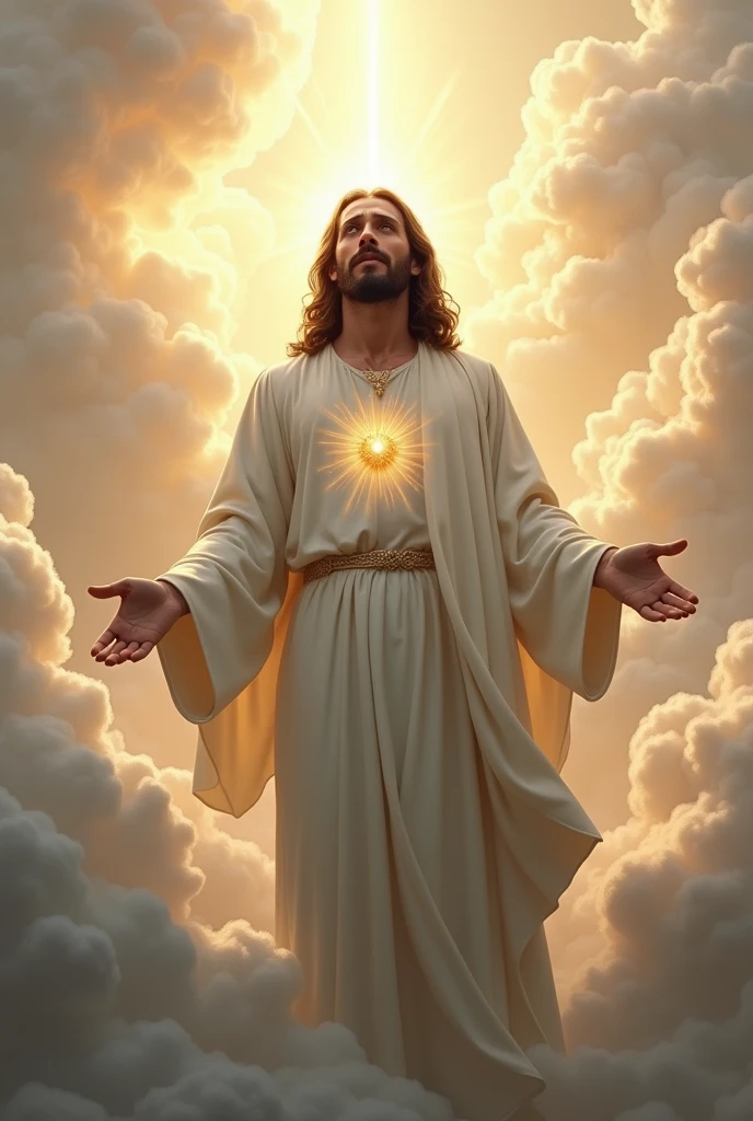 (photorealism:1.2), handsome Jesus Christ, crying while praying in the clouds, wearing white king clothes with light in his head and heart spreading all over in the clouds, perfect Jesus Christ, real Jesus Christ, perfect five hands, perfect crying face, elegant, soft lighting, many clouds, stand straight, realistic, intricate details, warm colors, by Earl Cornelio Necor