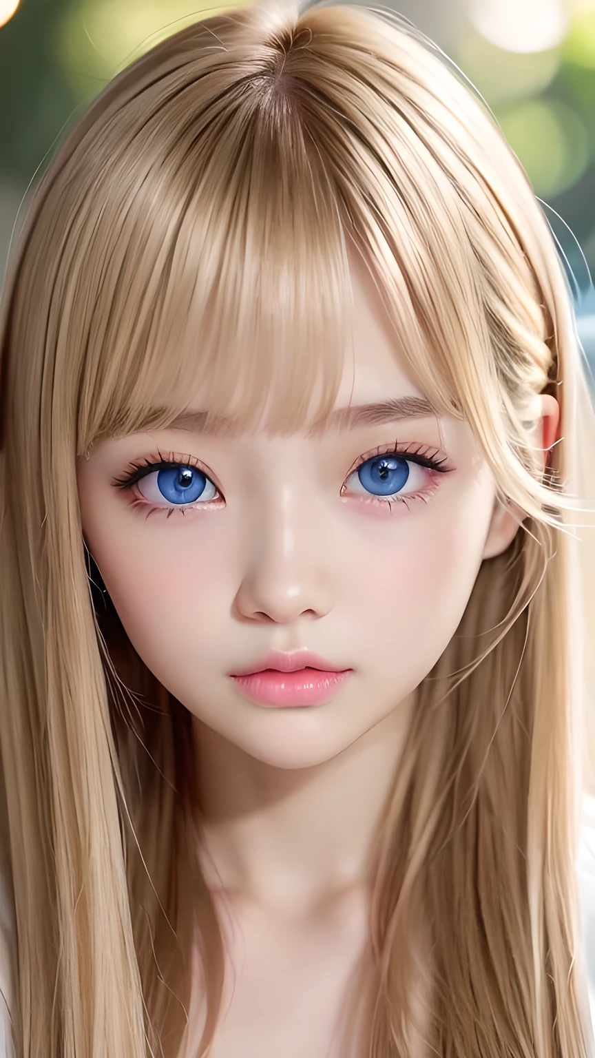 Crystal clear and shiny skin、Cute 13 year old with beautiful face、Very large, beautiful, bright, pale sky blue eyes、Very big eyes、Super long straight hair that shines in the light、Long, silky bangs that cover her cute eyes、Hair that hides sexy features、too long bangs、Sexy and cute young beauty、Super long natural young blonde hair with sparkling highlights Blonde over one eye Blonde over one eye、Blonde hair between the eyes、Cheek gloss highlighter