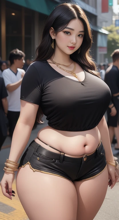 There is a woman posing for a photo wearing a black shirt and gold shorts, beautiful Thick female, Tsk tsk, wide hips, Thick thighs, attractive plus size model, Rubenesque, Thick legs, big thighs, plus size women, 가장 wide hips, Thick body, Thick, Attractive hourglass shape, Attractive models, Arabian-Japanese Goddess , Beautiful attractive woman, slightly fat arms , Wear 5 bracelets, Wear 3 diamond necklaces 