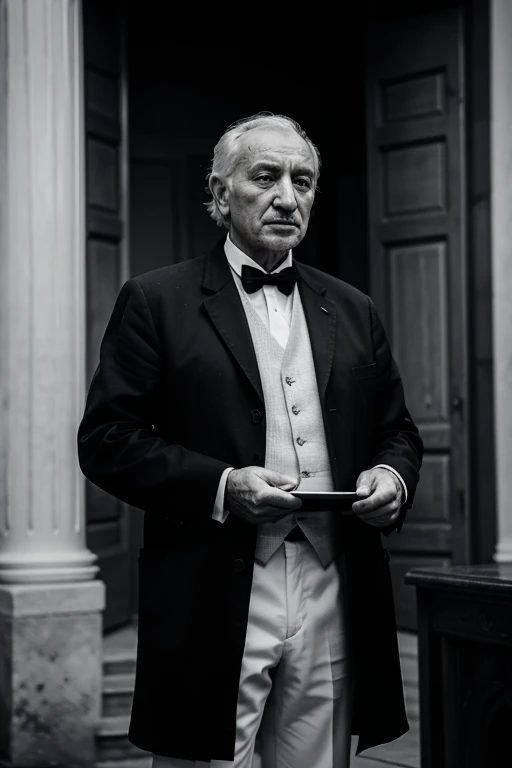 Have an old Georgian man be president and give a speech in black and white