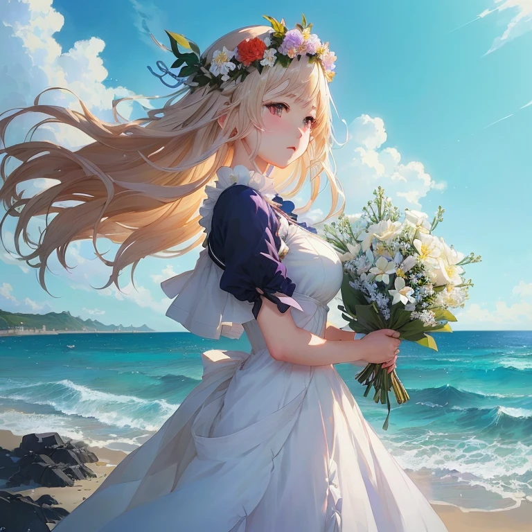 anime girl in white dress holding flowers on beach near ocean, guweiz on pixiv artstation, guweiz, marin kitagawa fanart, violet evergarden, guweiz on artstation pixiv, epic light novel art cover, li in dress, artwork in the style of guweiz, guweiz masterpiece, beautiful maiden