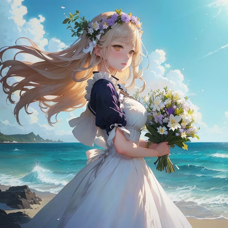 anime girl in white dress holding flowers on beach near ocean, guweiz on pixiv artstation, guweiz, marin kitagawa fanart, violet evergarden, guweiz on artstation pixiv, epic light novel art cover, loli in dress, artwork in the style of guweiz, guweiz masterpiece, beautiful maiden