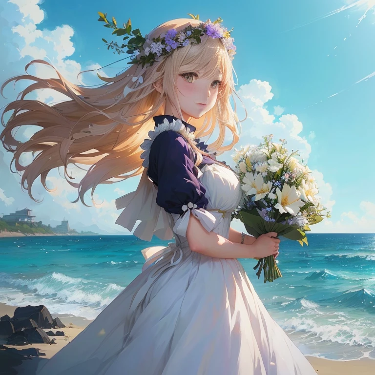 anime girl in white dress holding flowers on beach near ocean, guweiz on pixiv artstation, guweiz, marin kitagawa fanart, violet evergarden, guweiz on artstation pixiv, epic light novel art cover, loli in dress, artwork in the style of guweiz, guweiz masterpiece, beautiful maiden