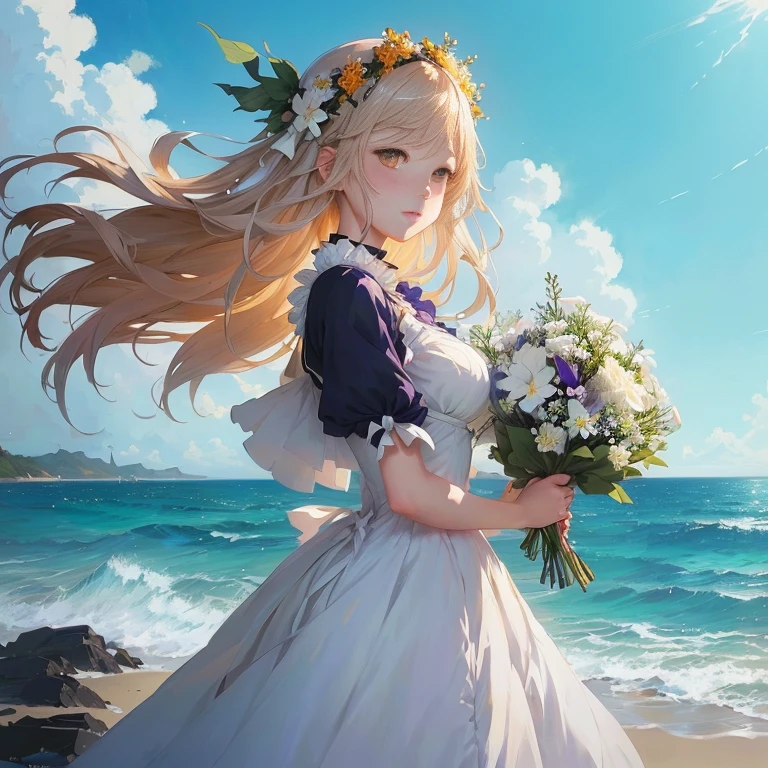 anime girl in white dress holding flowers on beach near ocean, guweiz on pixiv artstation, guweiz, marin kitagawa fanart, violet evergarden, guweiz on artstation pixiv, epic light novel art cover, loli in dress, artwork in the style of guweiz, guweiz masterpiece, beautiful maiden