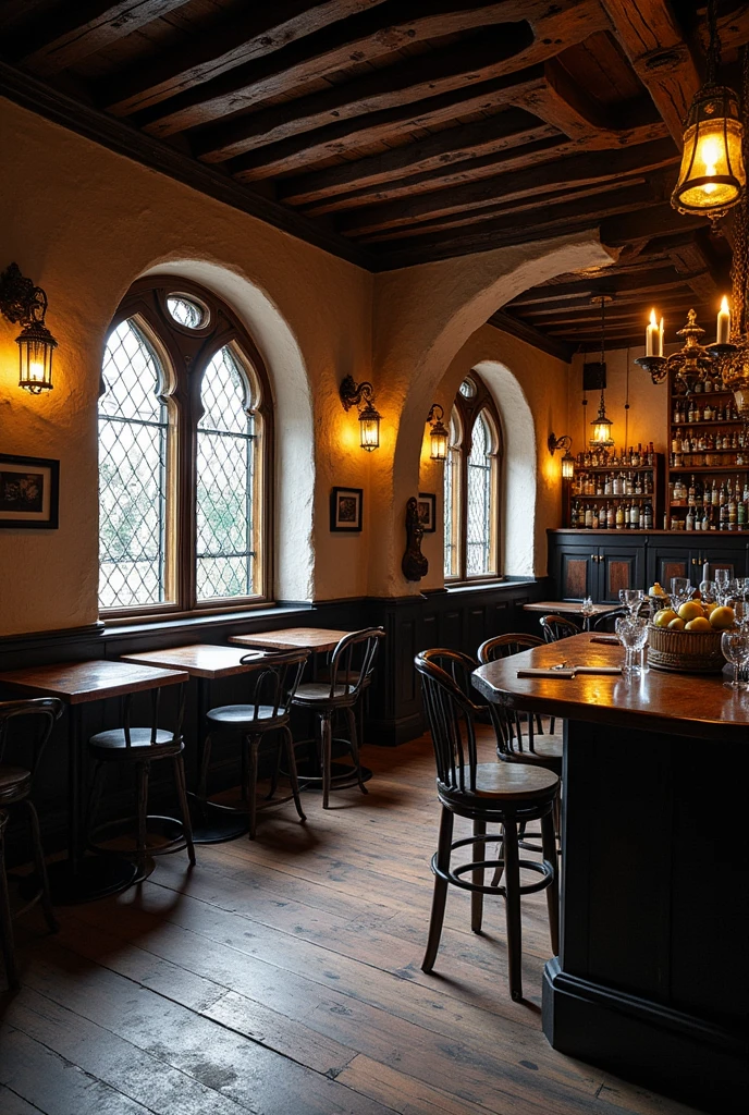 A medieval tavern with black, white and gold colors with the saying anima