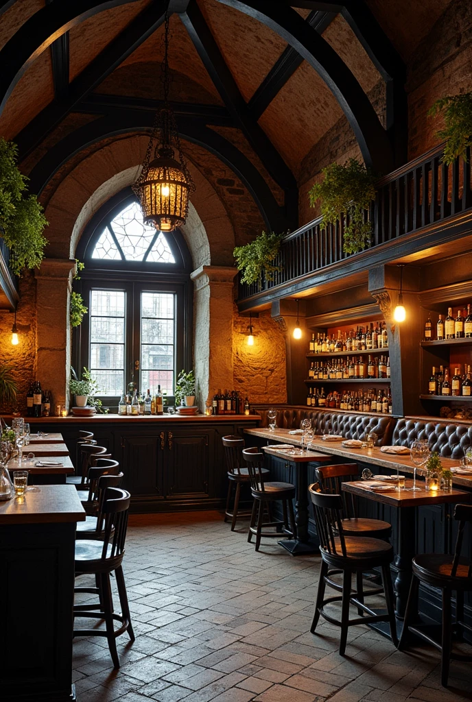 A medieval tavern with black, white and gold colors with the saying anima
