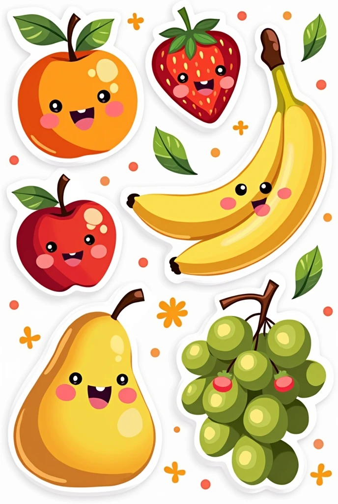 Sticker sheet with orange, apple, strawberry, banana, pear, grape