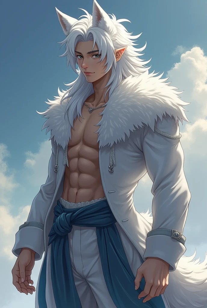 (best quality, masterpiece), young man, muscled, silver hair, white hair, tall, white wolf ears, white wolf tail, silver wolf ears, silver wolf tail