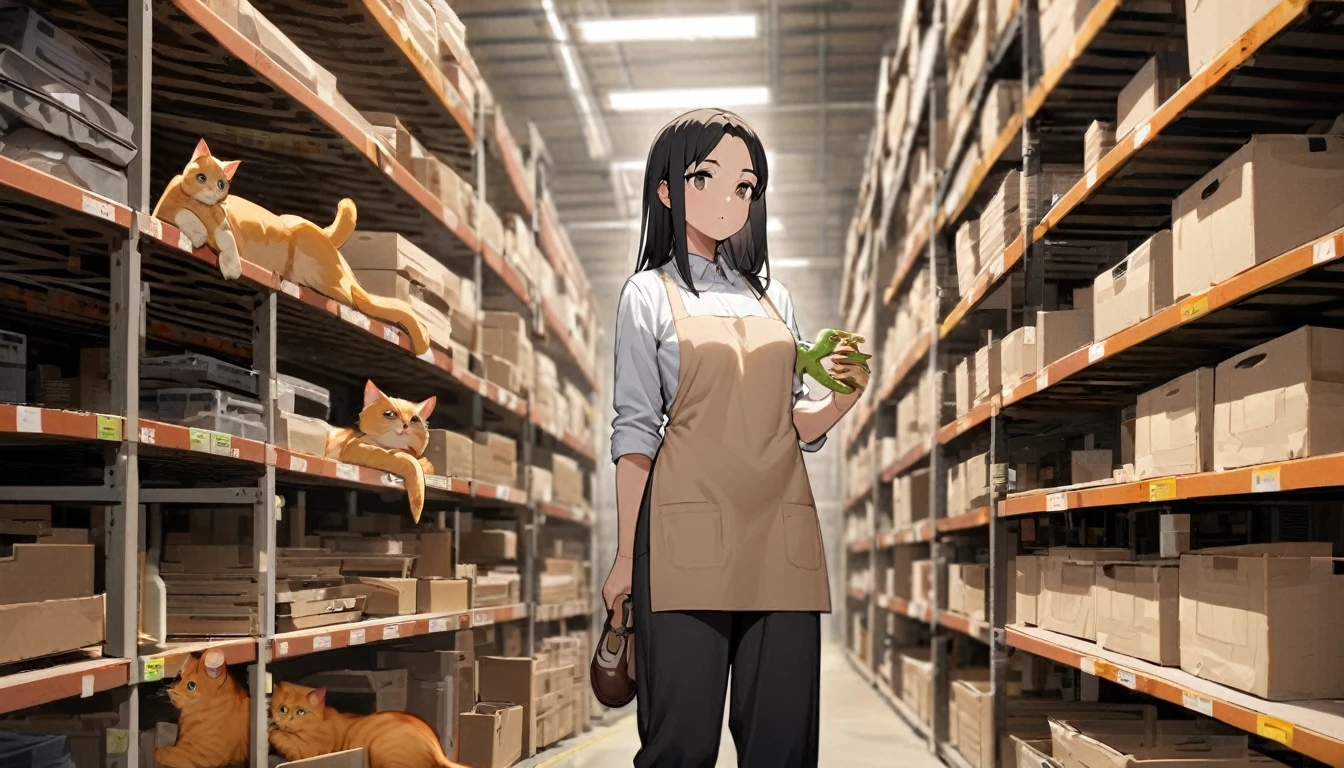 Solitary, 1 female, Mature appearance,Small breasts,Long straight black hair,Brown eyes,Tall,White top,Wearing a light brown apron,black trousers,light brown work shoes,Holding gecko in hand,in the warehouse,There are many shelves in the background,There is a fat orange cat at my feet,