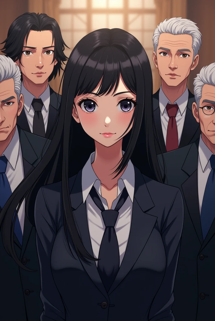 beautiful 19 years old. girl,beautiful girl, score_9,score_8_up,score_7_up,source_anime,masterpiece,best quality, LONG HAIR WOMAN,make up,open eyes,black eyes,old man,(4 old men),(surrounded by old men,3 old men) , group photo, FORMAL CLOTHING, SECRETARY