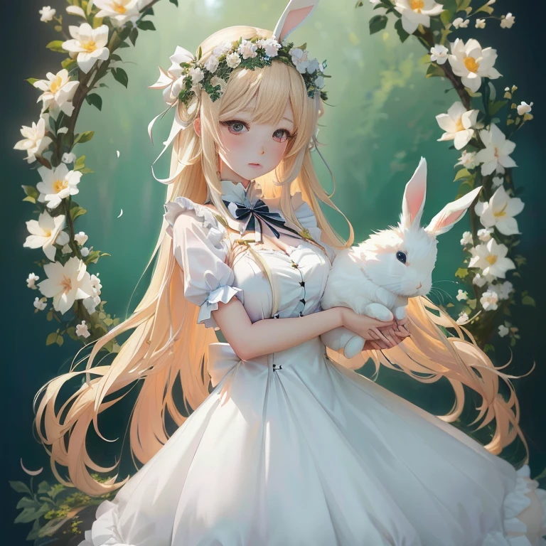 anime girl with long blonde hair and bunny ears holding a white rabbit, loli in dress, guweiz on pixiv artstation, pixiv contest winner, bunny girl, render of april, cute anime waifu in a nice dress, digital art on pixiv, guweiz on artstation pixiv, trending on artstation pixiv, from girls frontline
