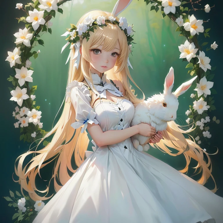 anime girl with long blonde hair and bunny ears holding a white rabbit, loli in dress, guweiz on pixiv artstation, pixiv contest winner, bunny girl, render of april, cute anime waifu in a nice dress, digital art on pixiv, guweiz on artstation pixiv, trending on artstation pixiv, from girls frontline