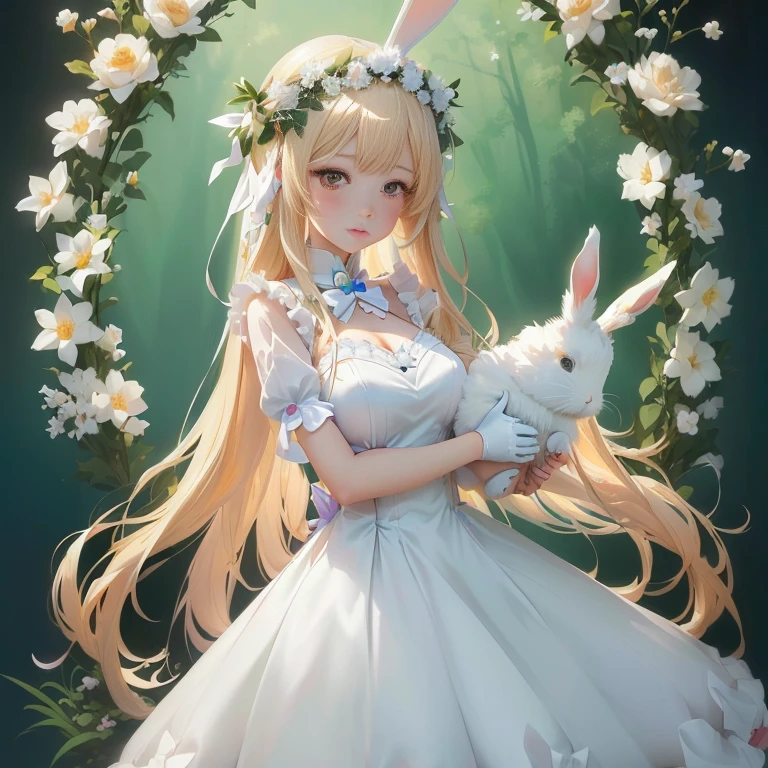 anime girl with long blonde hair and bunny ears holding a white rabbit, in dress, guweiz on pixiv artstation, pixiv contest winner, bunny girl, render of april, cute anime waifu in a nice dress, digital art on pixiv, guweiz on artstation pixiv, trending on artstation pixiv, from girls frontline