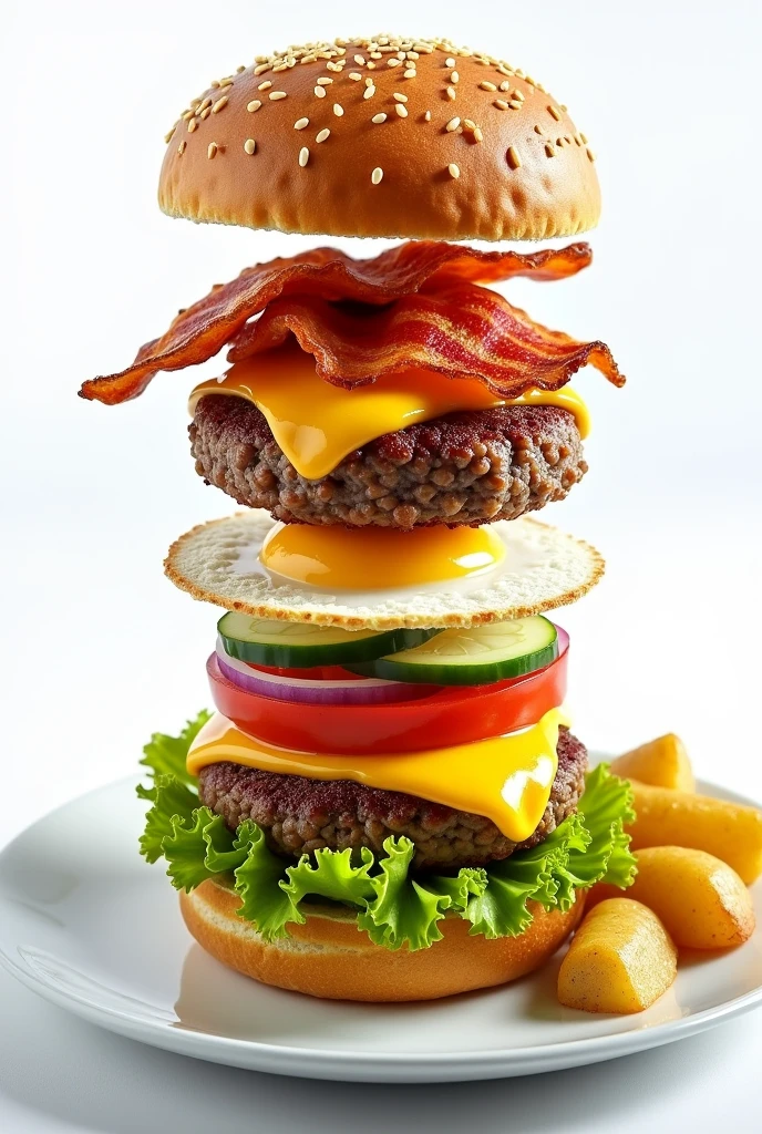 I want a burger in exploded view like this: starting a white plate with a serving of potatoes, The burger will be structured like this: bottom to top patacón,lettuce leaf,slice of onion,slice of tomato,slice of cucumber,ground meat,fried egg,Cheddar,bacon and another patacon.