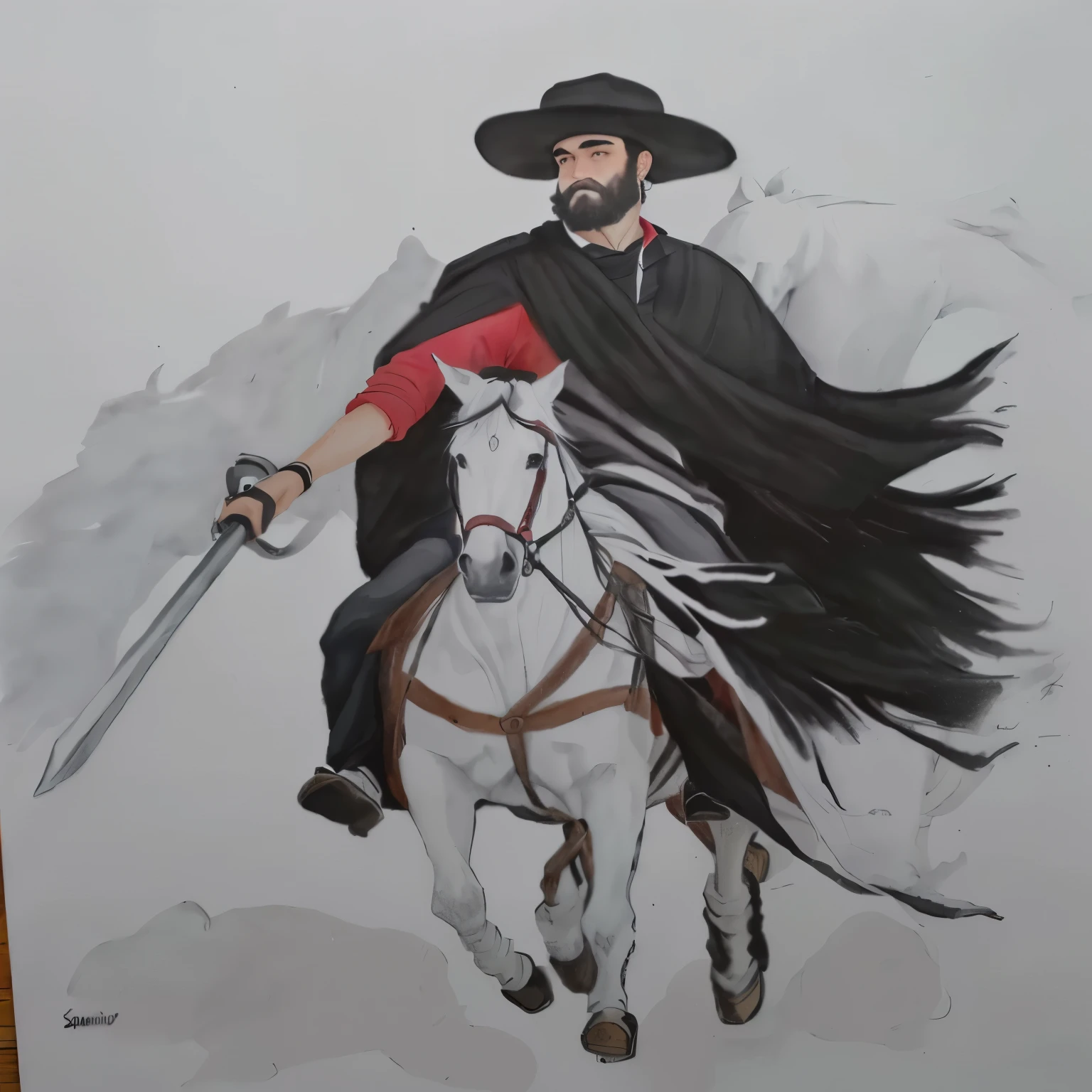 desenho de um nativo Gaucho, homem com red shirt segurando uma espada, bomber pants, Gaucho, black poncho scarf, hat and beard, Riding on a white horse, red shirt, with your black hair, water colour, pastel art, colourful drawing, colored pencil drawing