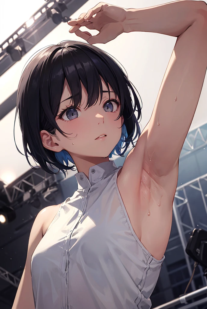 Very Short Hair、Black Hair、Mid-chest、One Woman、Raising left arm、Armpit、In town、Angle looking up from below、confidence、Highest quality、Expressionless and angry、cool、Upper Body、Armpitのアップ、From the side、Staring at the audience、Mouth closed、Armpit sweat、Armpitの蒸れ、Armpitの皺、Showing off her armpits、