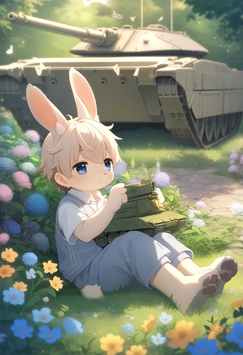 ((Masterpiece)), ((Best Quality)), (Very Detailed), ((Very Detailed)), 4K, (8K), very aesthetic, absurdres highres, 1 boy, (anthropomorphic Rabbit, furry, kemono:1.5), An innocent  is playing with a toy armored tank on the lawn in the garden. Natural light illuminates the lawn and childand flowers are blooming around them.
