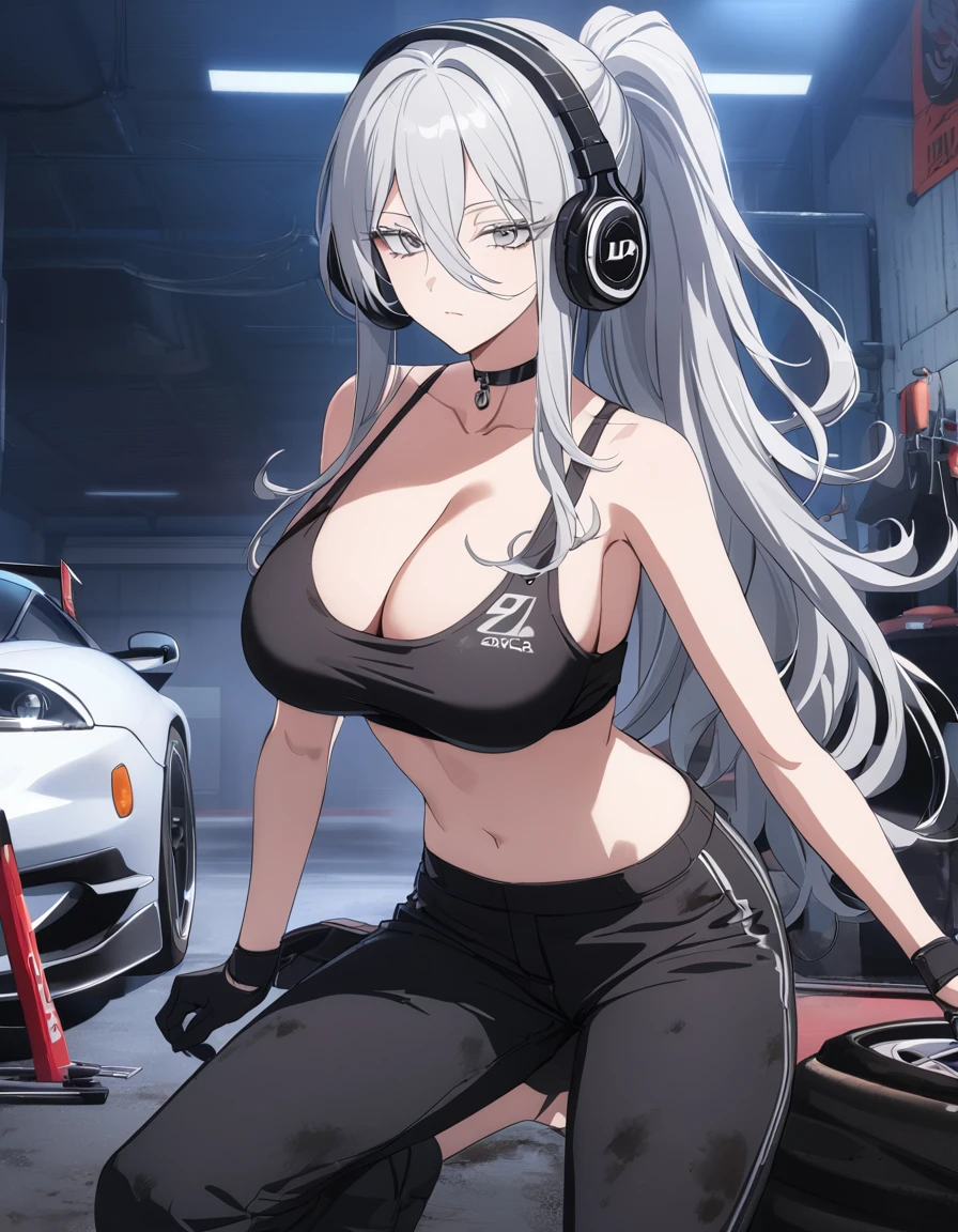 sovetsky_Soyuz, grey hair, long hair, ponytail, crop top, tank top, black gloves, sponsors, black racing pants, dirty, oil stains, midriff, choker, headphones, music, Cleavage, large breasts, first rate breasts, grey eyes, sharp eyes, Long eyelashes, symmetrical eyes, eye shadow, ominous vibe, expressionless, stoic, relaxing, anime, aesthetic, Anime screenshot, Ultra quality, UHD, high detail. Garage, drift cars, race cars, mechanic working, wrench, night time