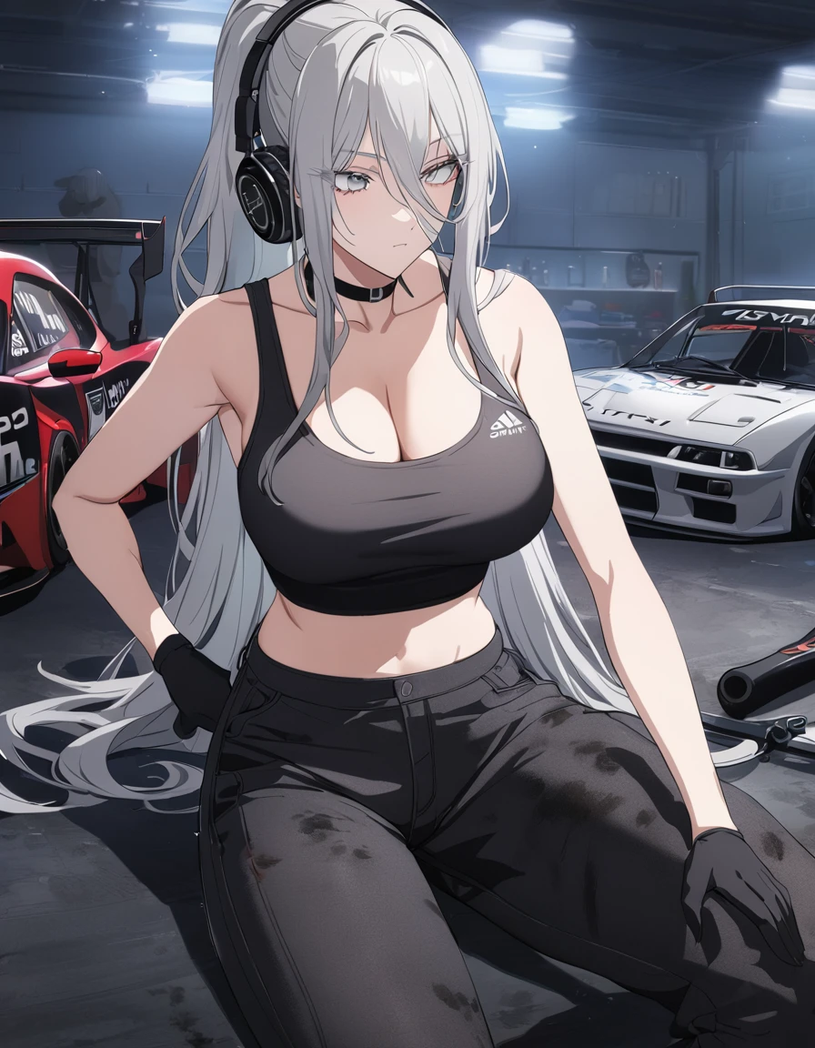 sovetsky_Soyuz, grey hair, long hair, ponytail, crop top, tank top, black gloves, sponsors, black racing pants, dirty, oil stains, midriff, choker, headphones, music, Cleavage, large breasts, first rate breasts, grey eyes, sharp eyes, Long eyelashes, symmetrical eyes, eye shadow, ominous vibe, expressionless, stoic, relaxing, anime, aesthetic, Anime screenshot, Ultra quality, UHD, high detail. Garage, drift cars, race cars, mechanic working, wrench, night time