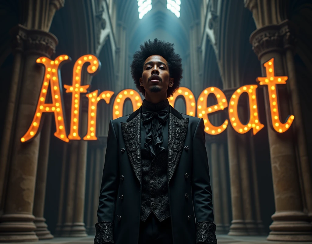 Afro male in a Gothic outfit singing with the word Afrobeat boldly written on the Background