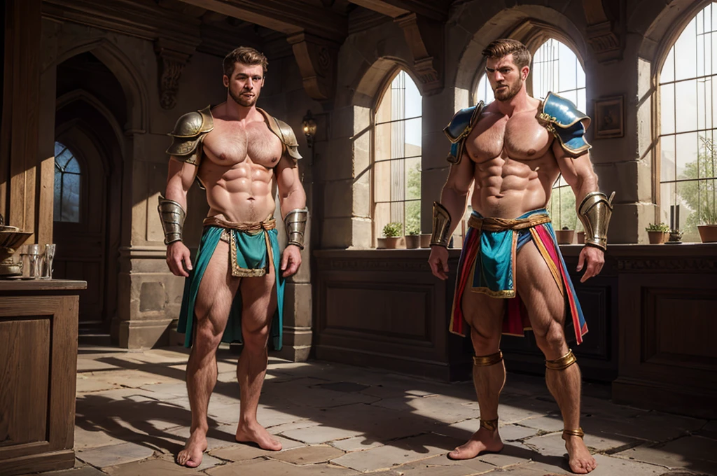 realist, (masterpiece), (photorealist:1.3), ultra detailed, (high detailed:1.2), (Best Quality:1.0), manly, muscular, Tall Man, body hair, chest hair, A man in royal attire, 35 years, covered with a small insulting armor, fancy, full body character sheet, huge bulge in crotch, cuerpo muscular, full body view, inside a castle, very small thread loincloth, Haircut, Shadow of six o'clock.
