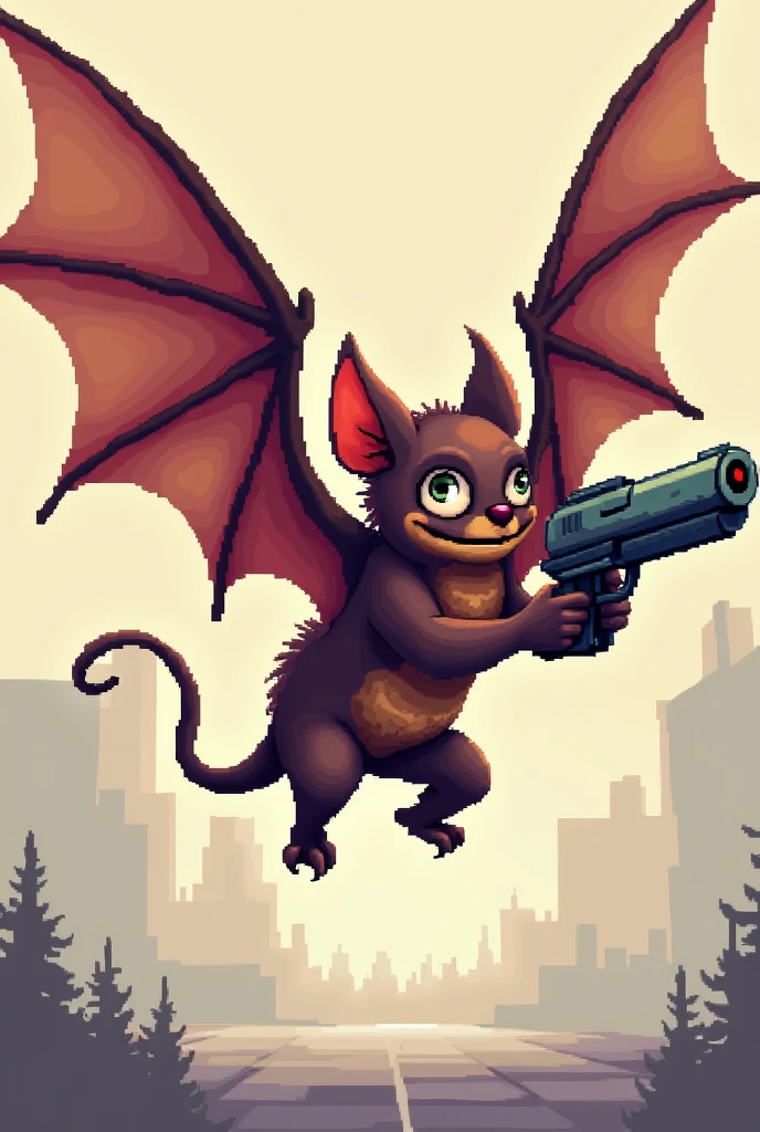 Draw a little bat with a gun,2d e pixel,flying sideways.