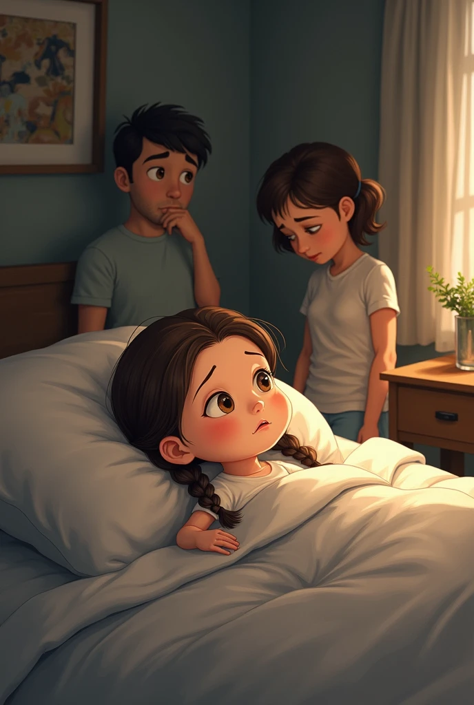 Brown haired girl with braids sick while in bed her family is worried