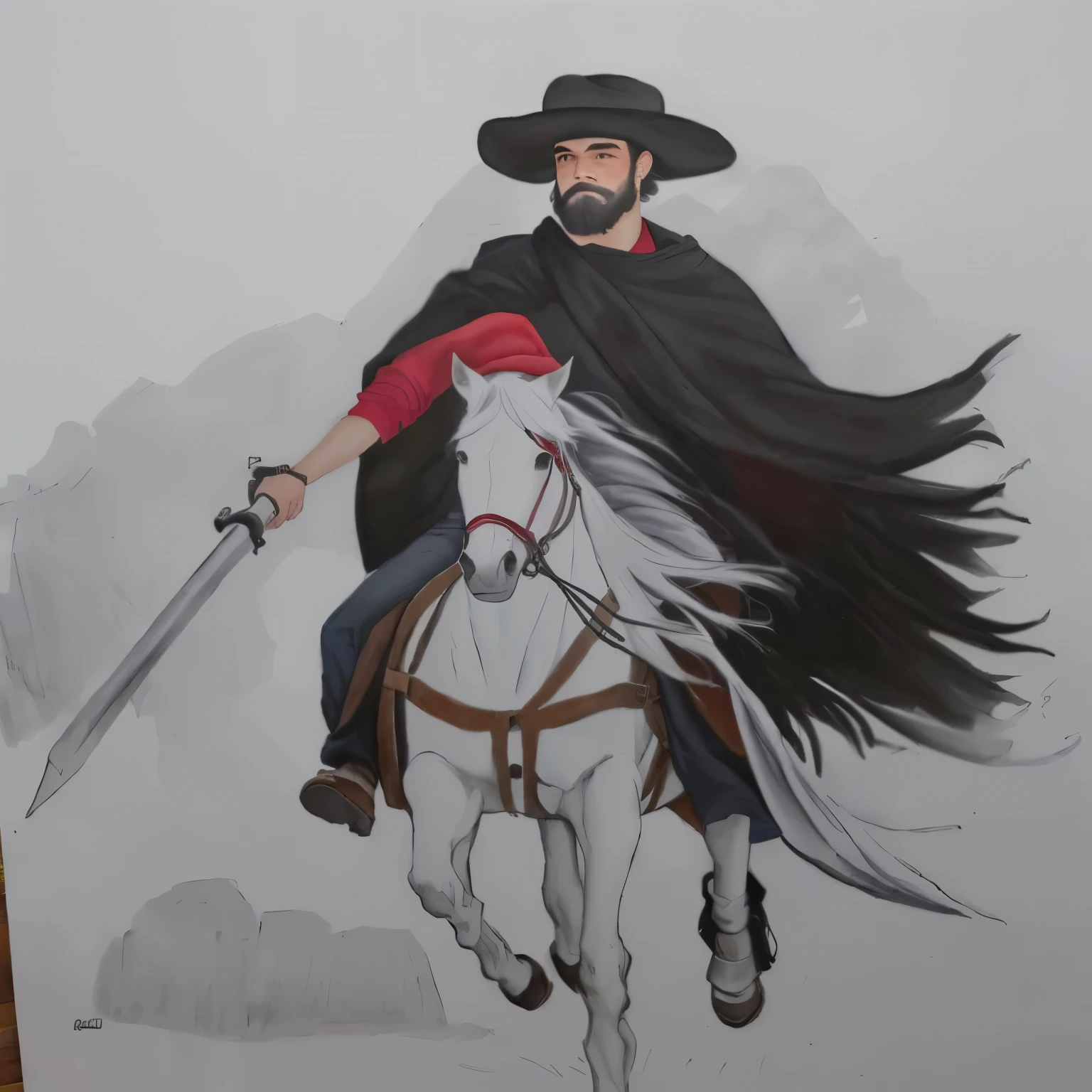 desenho de um nativo Gaucho, homem com red shirt segurando uma espada, bomber pants, Gaucho, black poncho scarf, hat and beard, Riding on a white horse, red shirt, with your black hair, water colour, pastel art, colourful drawing, colored pencil drawing