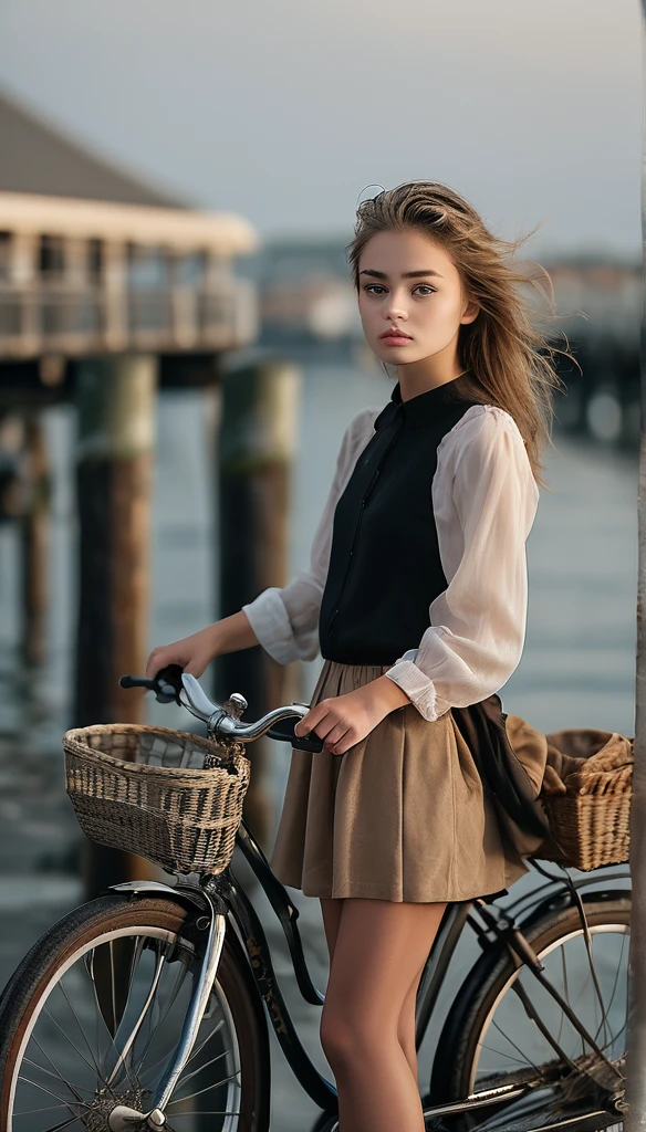 Surrealism:1.5,  Bokeh, young woman aesthetic, bicycle riding, pier, High-quality DSLR snapshots, High-definition film grain photo taken at f/16, ISO 100, With 200mm lens, Global Illumination, Fibonacci