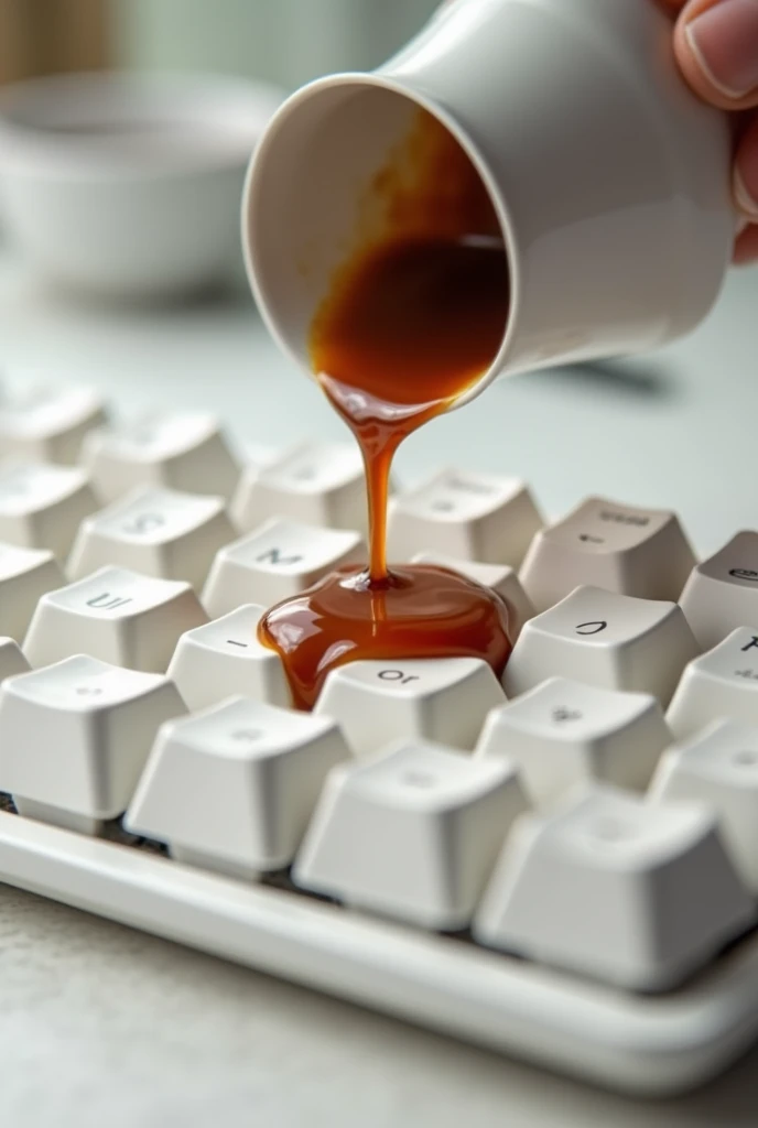 16:9 image, Spilling coffee in white mechanical keyboard, real image