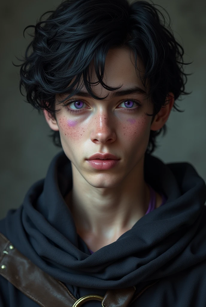 Young man with black hair and purple eyes wearing medieval clothes