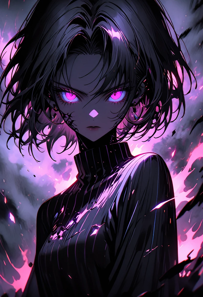A glowing dark girl android 18 dbz fluttering between bright dark flames and iridescent vagalumes under a terrifyingly dark and gloomy sky. [Image of a glowing fairy between black fog and iridescent lights]