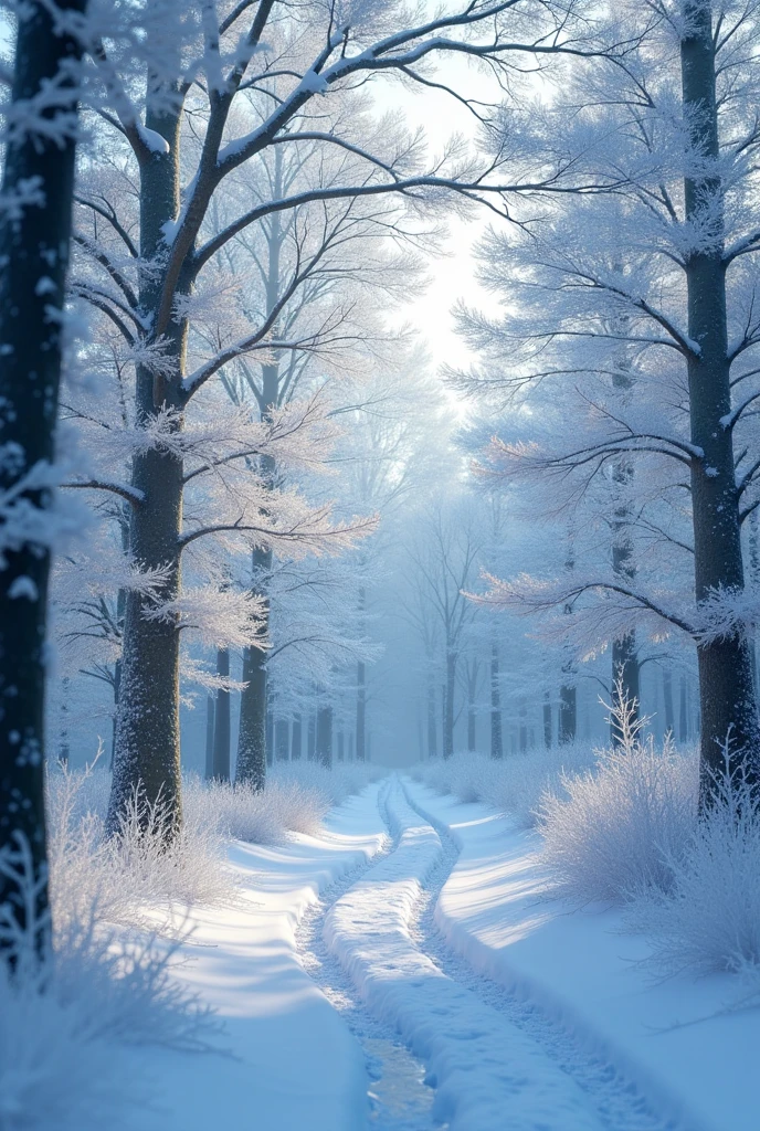 A snowy forest with the trees completely frozen 
