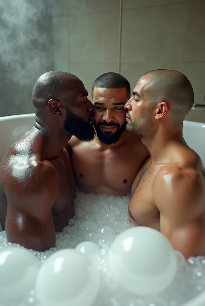 Michael Jordan, Drake and a muscle bald asian man, full body, completely naked and without clothes, taking a bubble bath in the bathtub, still naked 