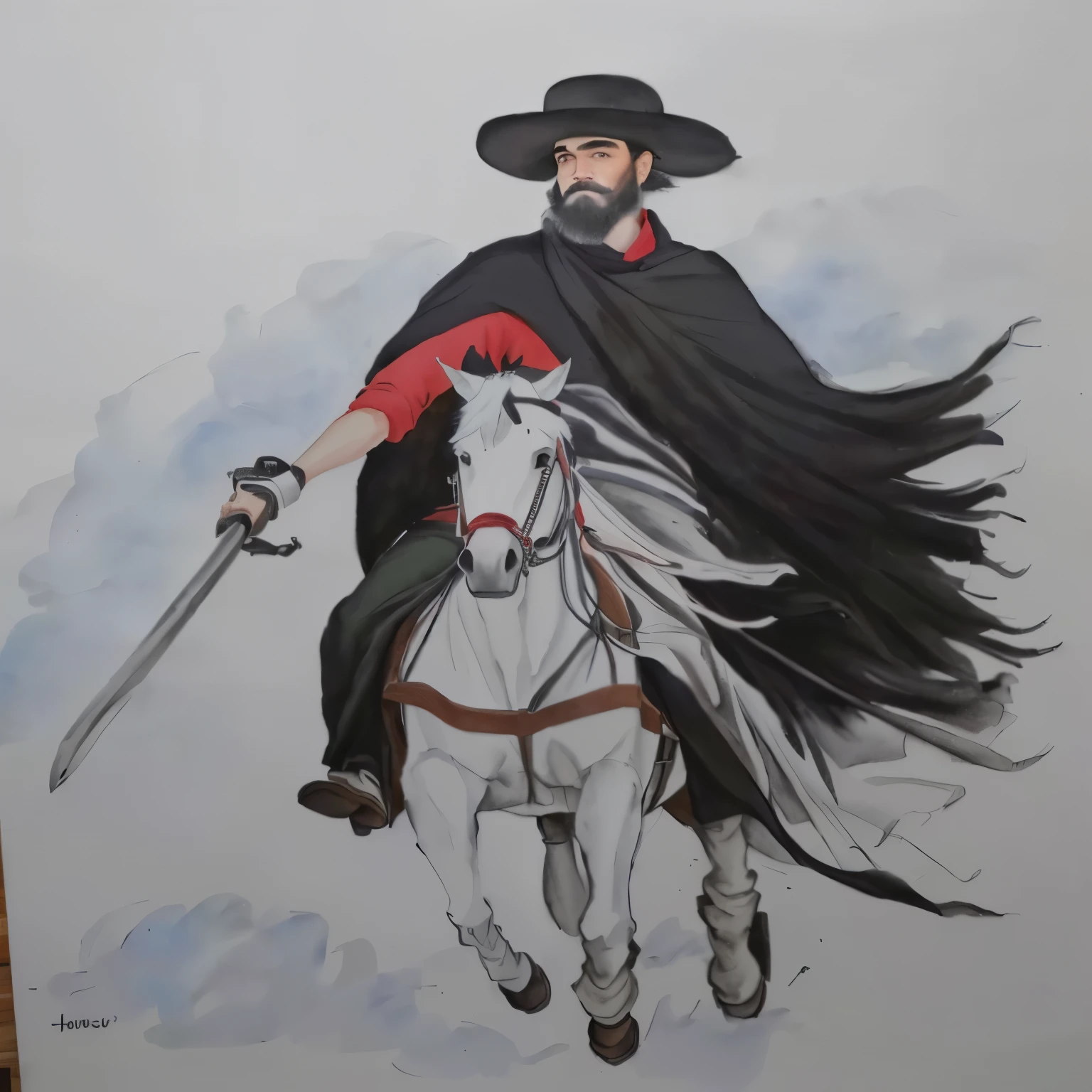 desenho de um nativo Gaucho, homem com red shirt segurando uma espada, bomber pants, Gaucho, black poncho scarf, hat and beard, Riding on a white horse, red shirt, with your black hair, water colour, pastel art, colourful drawing, colored pencil drawing