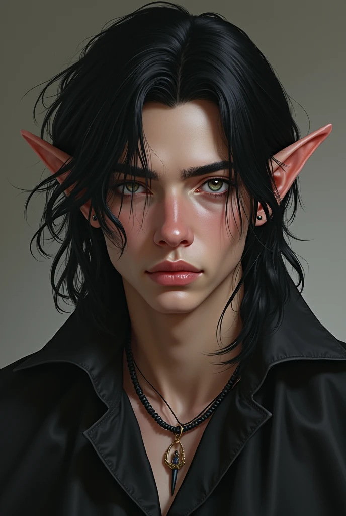 (photorealism:1.2),half elf man man with androgynous features, Medium length black hair and black piercings in the elf ears that he has in addition to having a slight horn on the right side of his head.