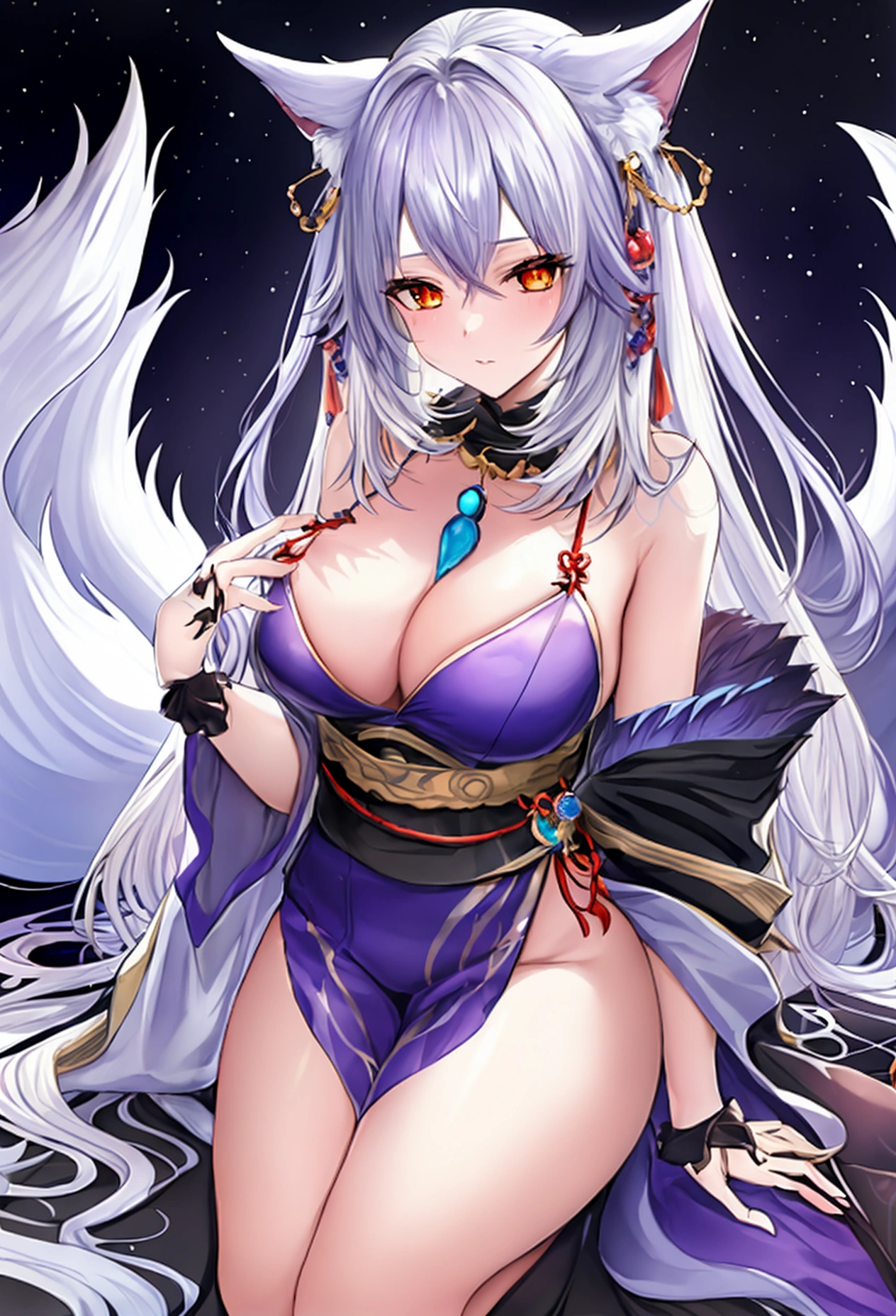 anthropomorphic animal furry fox fennec fox mixed with angel is Kitsune, adult male, the color of the fur is white and a little blue, the color of the eyes purple mixed with blue, hair color white purple blue, long hair, jojos style, a cute and beautiful appearance, ancient blue color kitsune tattoo, 9 tails, ángel wings, female appearance, a shiny black scarf,
