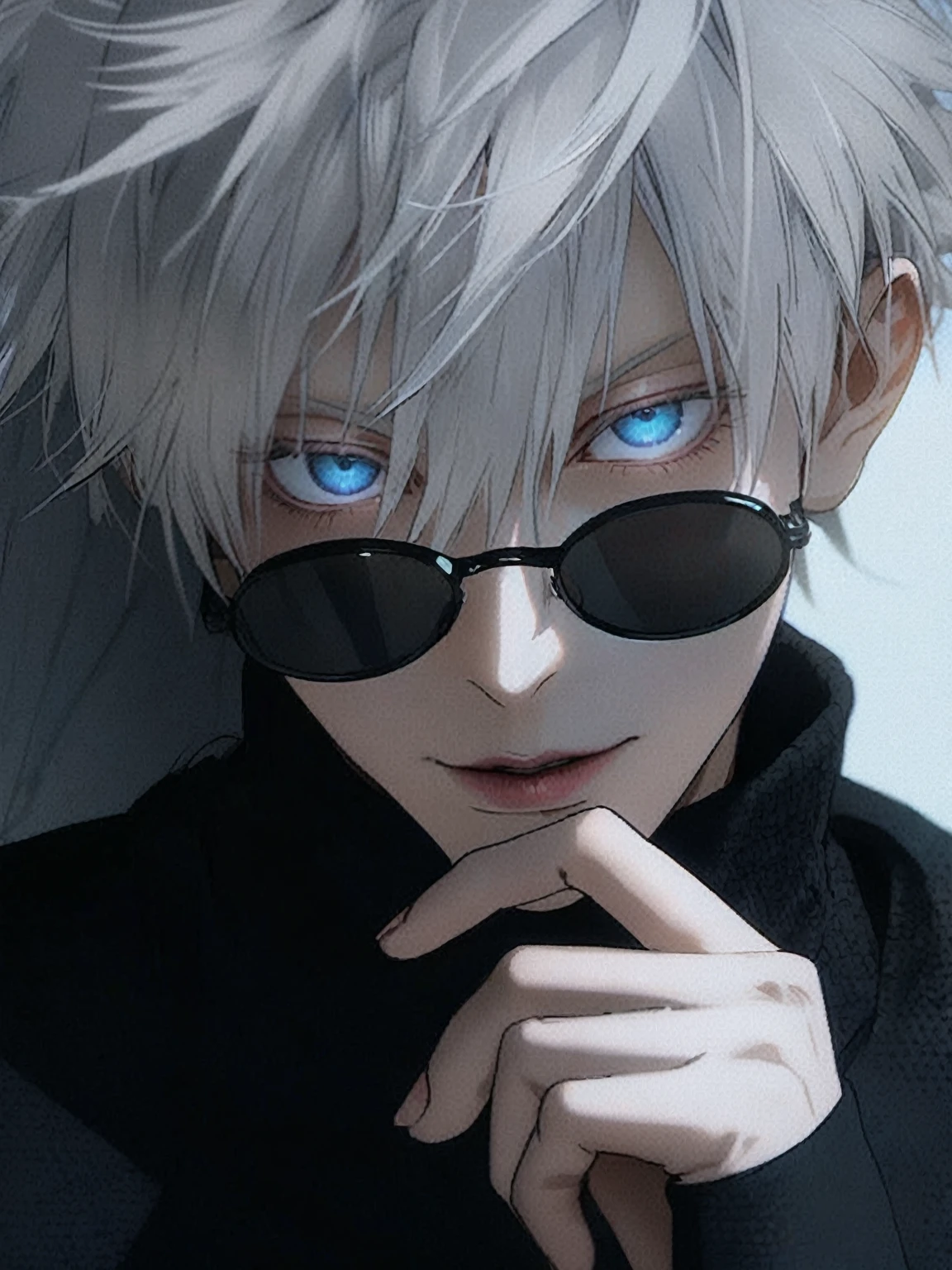 A close-up of a girl wearing a black turtleneck uniform, Satoru Gojo, Satoru Gojo female version, a girl with long hair, wavy white hair with air bangs, bright blue eyes like Satoru Gojo from Jujutsu Kaisen, wearing thin-framed black sunglasses round shape, ((portrait)), ((detailed face:1.2)), ((anime face, anime facial feature, clear skin, glossy anime lips, clear skin) feminine features, fine details, anime, art. 