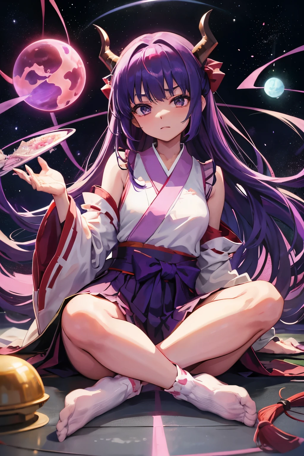 Gemstones Space Background　Meditating on the floor　1 person、solo、Long Hair、skirt、Eyebrows visible through hair、Purple Hair、Sleeveless、kimono、Horns on the sides of the head、No sleeve、Wide sleeves、socks、Shiny Hair、Floating hair、Hakama、Ribbon trim、Hakamaskirt、Ribbon trim袖、Shrine maiden、tabi　赤いHakama、When Higurashi Cries、Haori、Hanyu