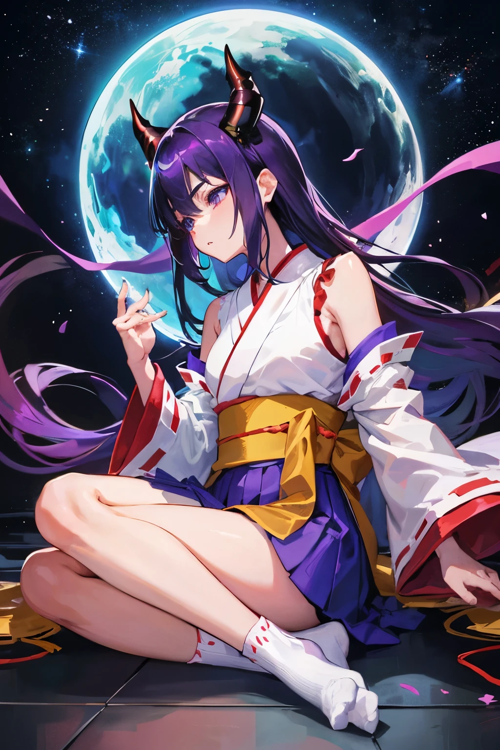 Gemstones Space Background Meditating on the floor 1 person、solo、Long Hair、skirt、Eyebrows visible through hair、Purple Hair、Sleeveless、kimono、Horns on the sides of the head、No sleeve、Wide sleeves、socks、Shiny Hair、Floating hair、Hakama、Ribbon trim、Hakamaskirt、Ribbon trim袖、Shrine maiden、tabi 赤いHakama、When Higurashi Cries、Haori、Hanyu