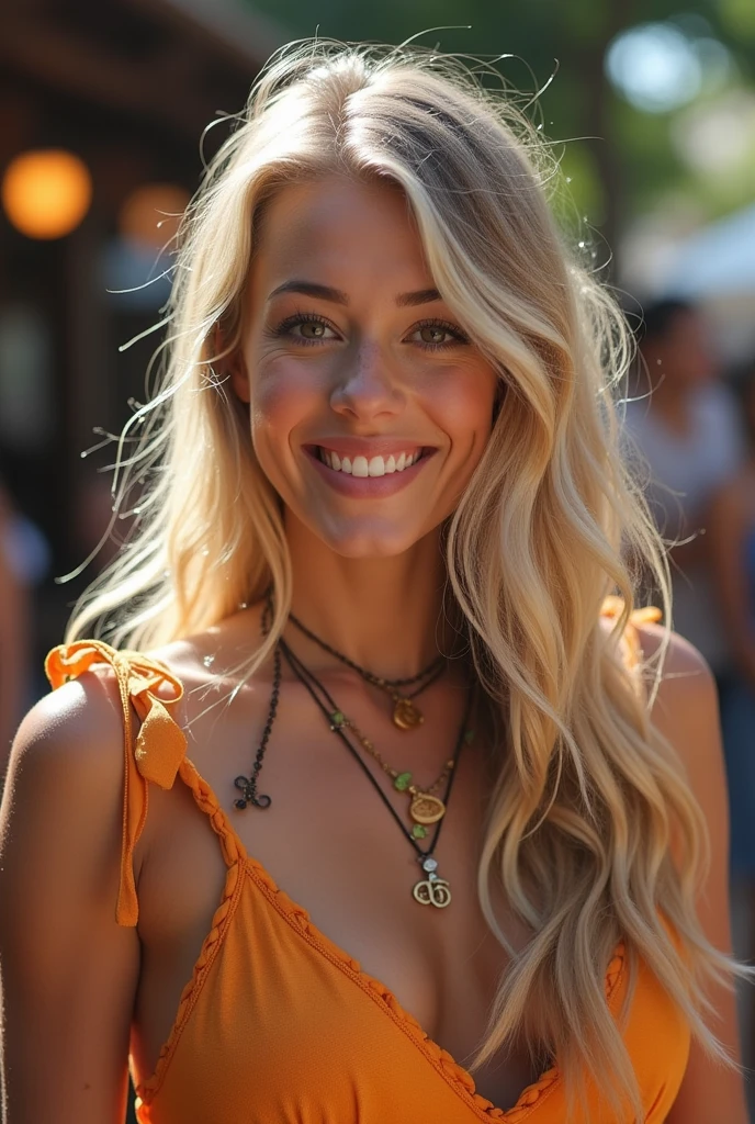 Create a realistic image of a 20 year old woman, long blonde hair, blue eyes, cheekbones, ((full body)),
dressed in African outfit, in a local party in Senegal, cooking with African women, background image: in a party in Africa, from head to toe, full body, hyper realistic photo