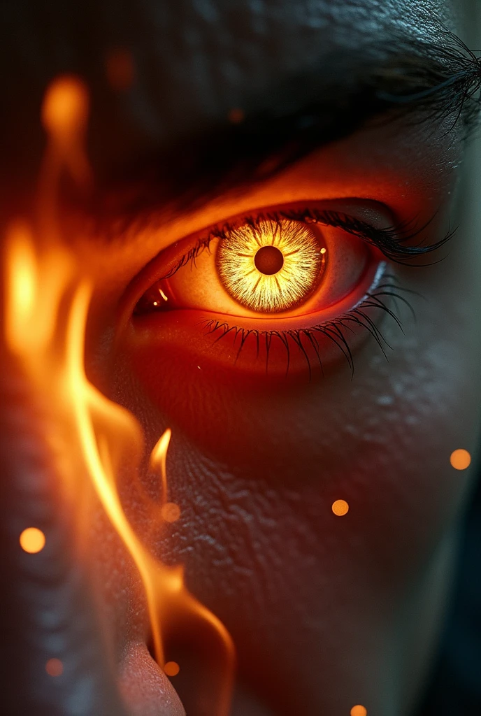 Male eye on fire , up close , true eyes