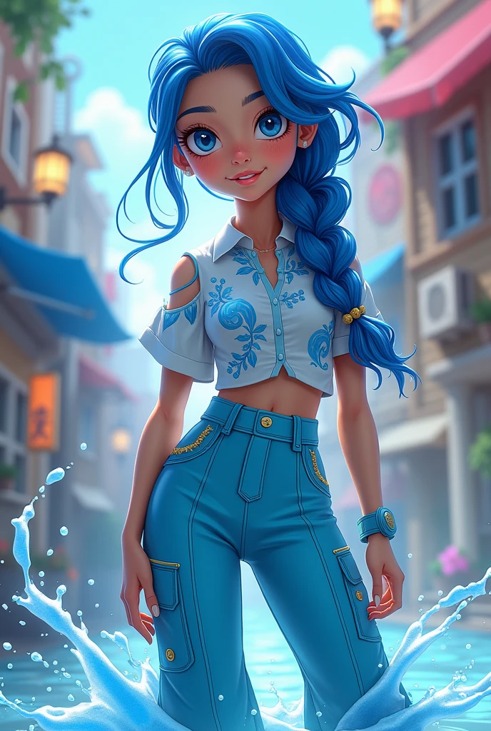 Blue hair with braid, blouse with water, animation of gamer pants with the water element