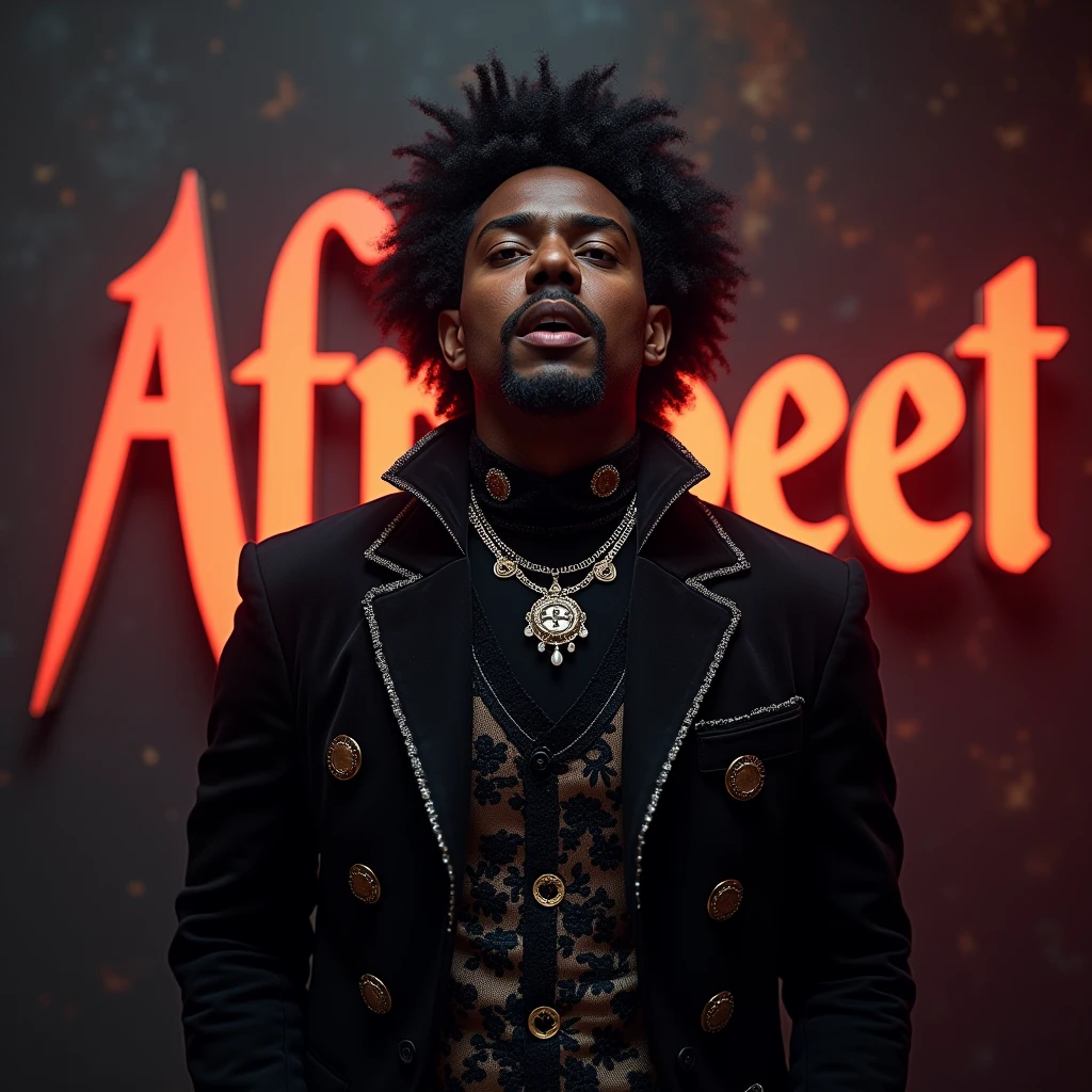 Afro male in a Gothic outfit singing with the word Afrobeat boldly written on the Background