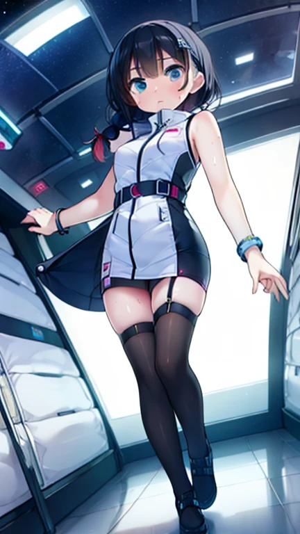 (Highest quality), (masterpiece), 1080P, High resolution, 4K, 8k, Inside the space station、Futuristic room、Thigh straps, Shooting from directly below, The woman on top of me, 白いSweat, Covered , Sweat, Woman looking down, Skirt swimsuit, Thigh-high socks, To achieve this, , , whole body, Black leather shoes, Braided hair, Inner Color, Embarrassed face, Short black hair, bracelet, Bedroom,celestial body_Vest