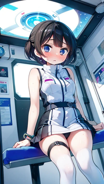 (Highest quality), (masterpiece), 1080P, High resolution, 4K, 8k, Inside the space station、Futuristic room、Thigh straps, Shooting from directly below, The woman on top of me, 白いSweat, Covered , Sweat, Woman looking down, Skirt swimsuit, Thigh-high socks, To achieve this, 16 years old, , whole body, Black leather shoes, Braided hair, Inner Color, Embarrassed face, Short black hair, bracelet, Bedroom,celestial body_Vest
