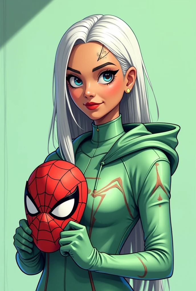 drawn in a spiderverse artstyle, a woman, 20 years old, southeast asian, knee length platinum white thin straight hair (black on the roots), wears light green colored spiderman suit as a top (the suit has a hood), her left eye is gray, and her right eye is brown, has a big scar across her left eye, tan skin, white eyebrows and white eyelashes, in a stoic expression, holding her spiderman mask, behind her is Miguel O'Hara