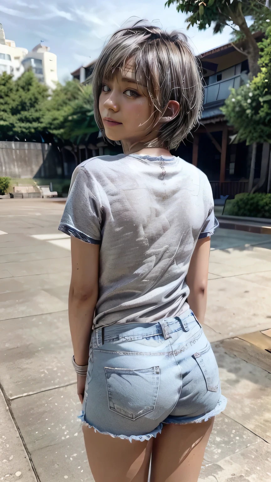 (A 17-year-old girl looking back on the beach in summer)、Blue sky and outdoor pool、(Realistic、Like a photograph、Live Action、8k, Realistic, RAW Photos, Best image quality: 1.4), Single-lens reflex camera、RAW Photos, Highest quality, Realistic, Very detailed CG Unity 8k wallpaper, Written boundary depth, Cinematic Light, Lens flare, Ray Tracing, Realistic background、(Wearing denim shorts、Wearing a T-shirt:1.5、p-line、The lines of the pants are visible)、((Ultra-dense skin))、Cute Japan Girl、((whole body:1.5),smile、(Silver Hair、Silver short hair:1.5)、I like that style、stylish、Very detailed、Pay attention to the details、Perfect outfit、(Sunburned skin)、Beautiful legs:1.1,Accurate body、Anatomically correct body、Detailed feet、Accurate fingering、Super detailed face、View from behind
