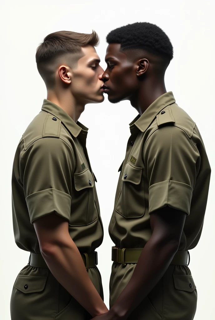 crie uma imagem com fundo branco. Two young men in army uniform, military haircut, one with white skin and the other black. The two must be close to each other, almost kissing